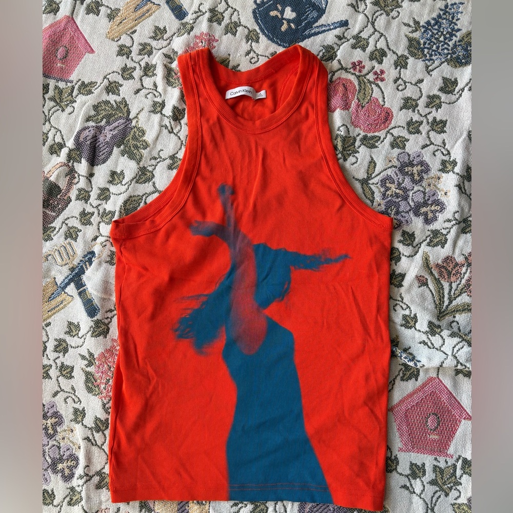 Calvin Klein Orange Tank Top with Blue Graphic